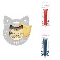 Kit pour biscuit en relief Chat + 2 Stylos au chocolat rouge et bleu nuit