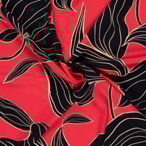 Tissu Viscose satiné Motif floral noir sur fond Rouge
