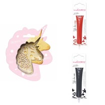 Kit pour biscuit en relief Licorne + 2 Stylos au chocolat rouge et noir