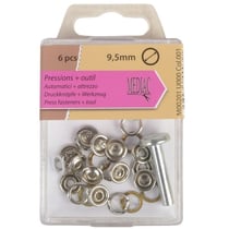 6 boutons pression 9,5mm et outil argent
