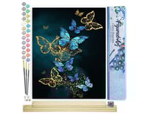 Peinture par Numéro Figured'Art - Papillons féériques bleus et dorés - Kit de Loisir Créatif DIY Numéro d'Art Complet - 40x50cm toile roulée + châssis en bois à monter