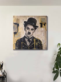 Tableau contemporain — peinture originale sur toile — Portrait Chaplin — portrait de célébrité — Œuvre unique Calbarracin — 80 x 80 cm