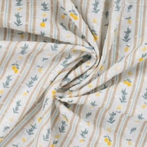 Tissu Voile de Coton Plumetis digital petits citrons rayé sur fond Blanc