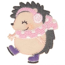 Ecusson thermocollant hérisson avec écharpe rose et patins à glac 5,5 cm x 4 cm
