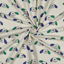 Tissu Sweat léger Bio Jennifer Bouron chiens Bleu et Vert sur fond Ecru