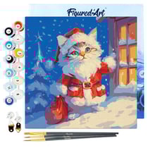 Mini Peinture par Numéros Figured'Art 20x20cm avec cadre Chat Père Noël - Petit Format