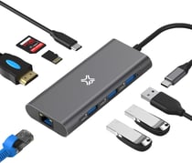 Hub Xtrememac USB-C – 8 ports – USB-C PD, USB-A 3.0, HDMI 4K, SD/Micro, Ethernet RJ45 – Structure aluminium légère et solide – Silver