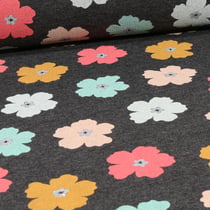 Tissu Sweat envers doudou Fleurs pailletées sur fond Gris foncé chiné