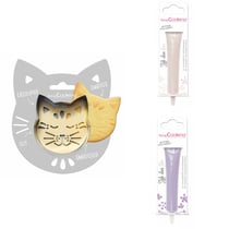Kit pour biscuit en relief Chat + 2 Stylos au chocolat blanc et lilas