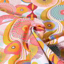 Tissu Coton imprimé Rosace striées jaune et rose sur fond Blanc - Au mètre