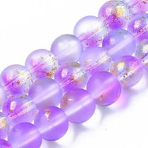 Fil de 45 perles de verre givré avec feuille d'or 8 mm FUSHIA MAUVE