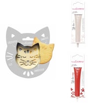 Kit pour biscuit en relief Chat + 2 Stylos au chocolat blanc et rouge