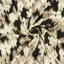 Tissu Viscose Satiné Floral abstrait Ecru et Taupe sable sur fond Noir