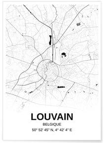 Affiche carte Louvain - rectangle Noir et Blanc | A3 : 29,7x42cm