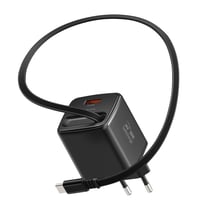 Swissten Chargeur Secteur USB-A 30W avec Câble Rétractable USB-C 0.75m Intégré Noir