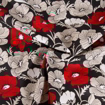 Tissu Toile de Coton aspect lin Fleurs pavot sur fond Noir - Au mètre