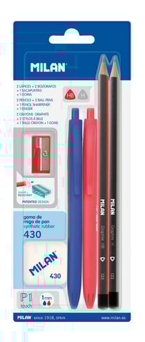 Blister 2 stylos à bille P1 (bleu/rouge), 2 crayons graphite HB et H, gomme 430 et taille-crayons.