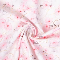 Tissu Coton imprimé Sakura fleurs Rose clair sur fond Blanc