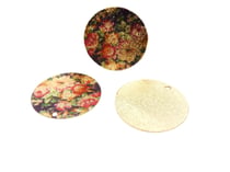 2 Breloques rondes pailletées - 20mm - imprimé fleurs doré noir rose