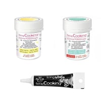 2 colorants alimentaires vert d'eau-jaune pastel + Stylo glaçage noir