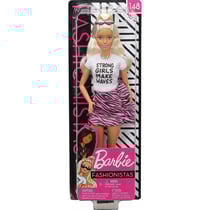 Poupée barbie fashionistas blonde - jupe rose zébré et t-shirt blanc - mattel - ghw62
