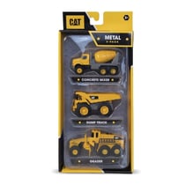 Pack de 3 engins de chantier en metal- betonniere, camion benne, niveleuse - 10 cm - Cat