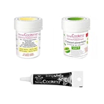 2 colorants alimentaires vert-jaune pastel + Stylo glaçage noir