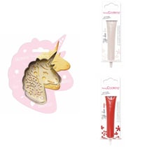 Kit pour biscuit en relief Licorne + 2 Stylos au chocolat blanc et rouge