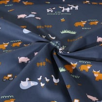 Tissu Popeline de Coton Poppy Animaux à la ferme sur fond Bleu marine