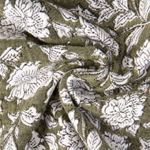 Tissu Jacquard d'ameublement Suri grosses fleurs Blanc sur fond Vert olive