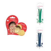 Kit pour biscuit en relief Coeur + 2 Stylos au chocolat vert et bleu nuit