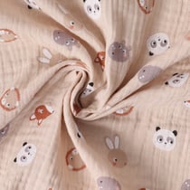 Tissu Double gaze de Coton Animaux Tendres sur fond Beige nougat - Au mètre