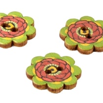 Lot de 6 boutons en bois fleur décorée multicolore 20mm