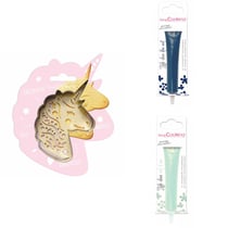 Kit pour biscuit en relief Licorne + 2 Stylos au chocolat bleu nuit et vert d'eau