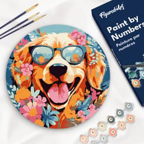 Peinture par Numéro sur disque en bois Figured'Art - Chiot fantaisie et des fleurs - Kit de Loisir Créatif DIY Numéro d'Art Complet - 30cm de diamètre