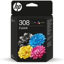 Pack de 2 cartouches d'encre HP 308 authentiques noire et tricolore (6L6S6UE) pour HP Envy 6110, 6120, 6130, 6520, 6530
