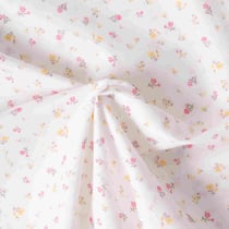 Tissu Popeline de Coton légère Petites fleurs jaunes et rose sur fond Blanc