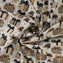 Tissu Popeline de Coton digital imprimé paquets cadeau doré sur fond Blanc