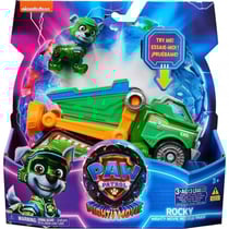 La super pat patrouille le film : rocky et camion poubelle son et lumiere - figurine chien - vehicule de luxe - paw patrol the mighty movie