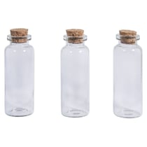 Récip.verre av. couvercle liège, ø2,3cm, 6,5cm, 20ml, ouverture 1,2cm,boîte 3 pces