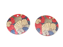 2 Breloques rondes pailletées 20mm imprimé fleur de lotus - motif japonais doré rouge bleu