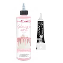 Glaçage goût chocolat 130 g rose + Stylo de glaçage noir