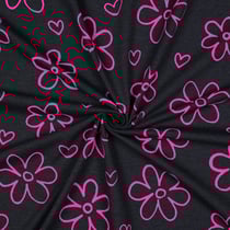 Tissu Jersey Polycoton imprimé Fleurs Neon Rose sur fond Noir