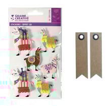 6 stickers 3D Lama 6 cm + 20 étiquettes kraft Fanion