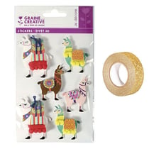 6 stickers 3D Lama 6 cm + masking tape doré à paillettes 5 m