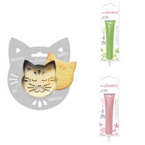 Kit pour biscuit en relief Chat + 2 Stylos au chocolat vert clair et rose pastel