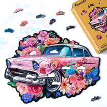 Puzzle en Bois Adulte et Enfant Figured'Art 200 pièces - Voiture florale Vintage - Design Original 35x27,7 cm Forme Unique avec Coffret en bois Premium, Parfait pour Offrir en Cadeau