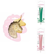Kit pour biscuit en relief Licorne + 2 Stylos au chocolat vert et rose pastel