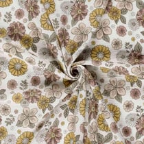 Tissu Double gaze de Coton Fleurs ocre et rose pastel sur fond Ecru