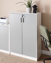 Armoire de Bureau à 2 Portes Gris et Blanc 117 cm Panneaux Particules de Bois et Métal Finition Mélaminée Etagère Réglable Fermeture à Clef